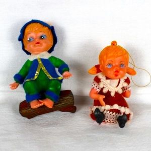 Blow-mold Christmas Ornaments Boy & Girl Vintage Hanging Velevet Clothing Log